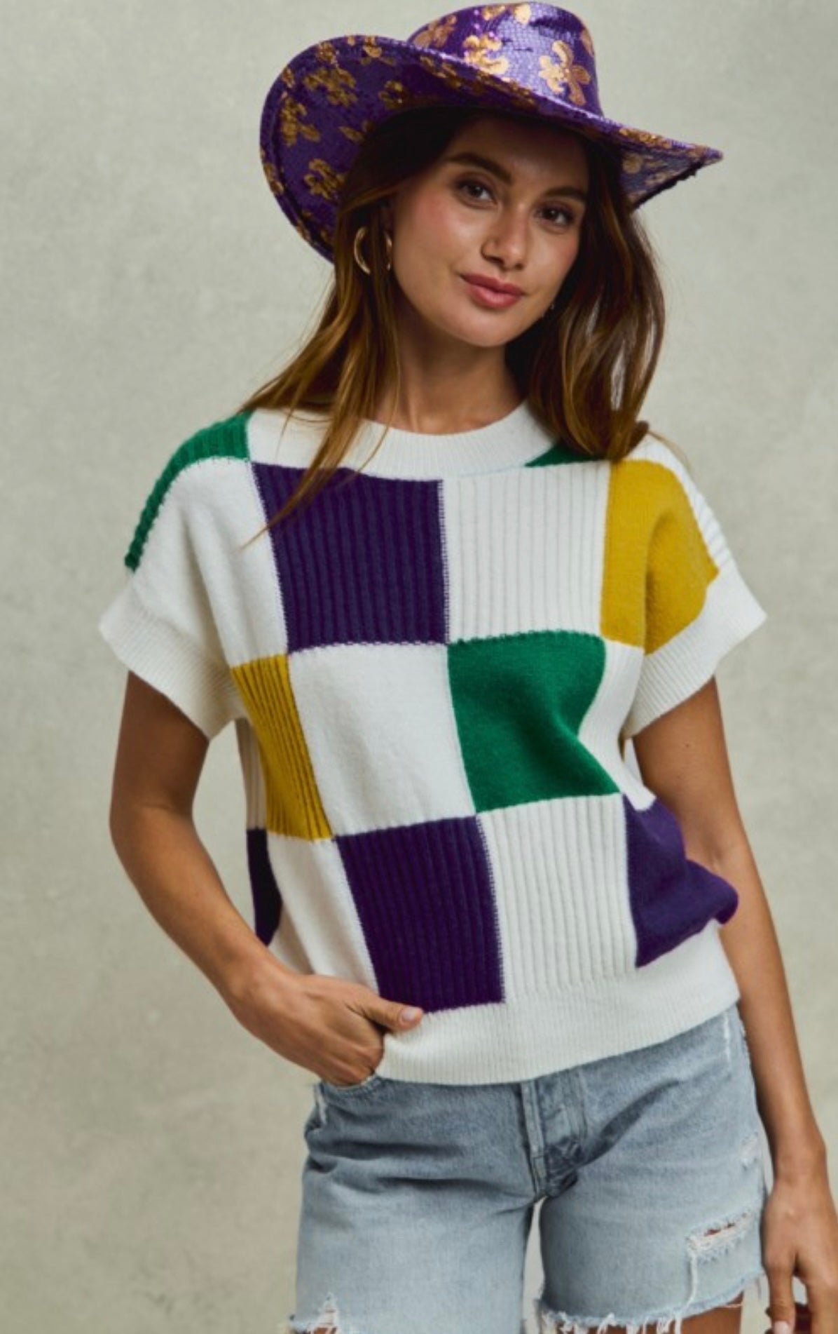 Life of The Party Checkered Sweater Top