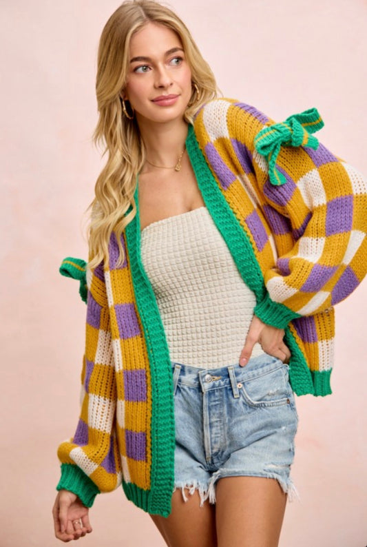 Mambo Checkered Bow Cardigan - Yellow, Green & Purple