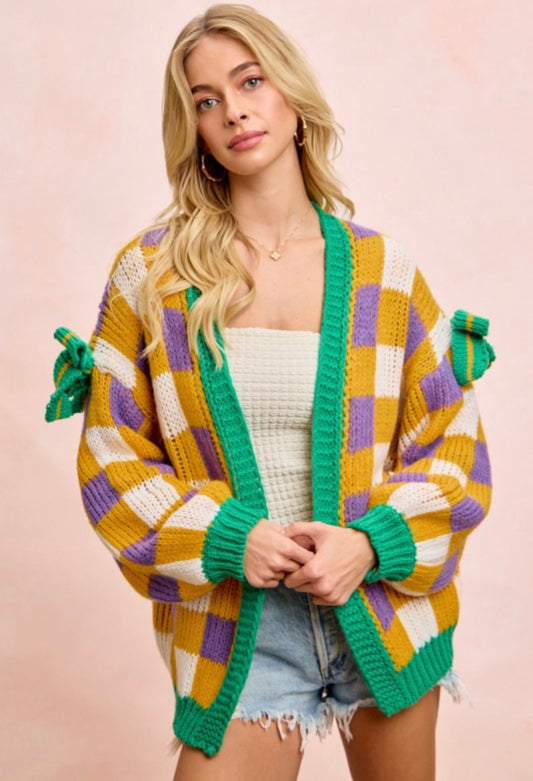 Mambo Checkered Bow Cardigan - Yellow, Green & Purple