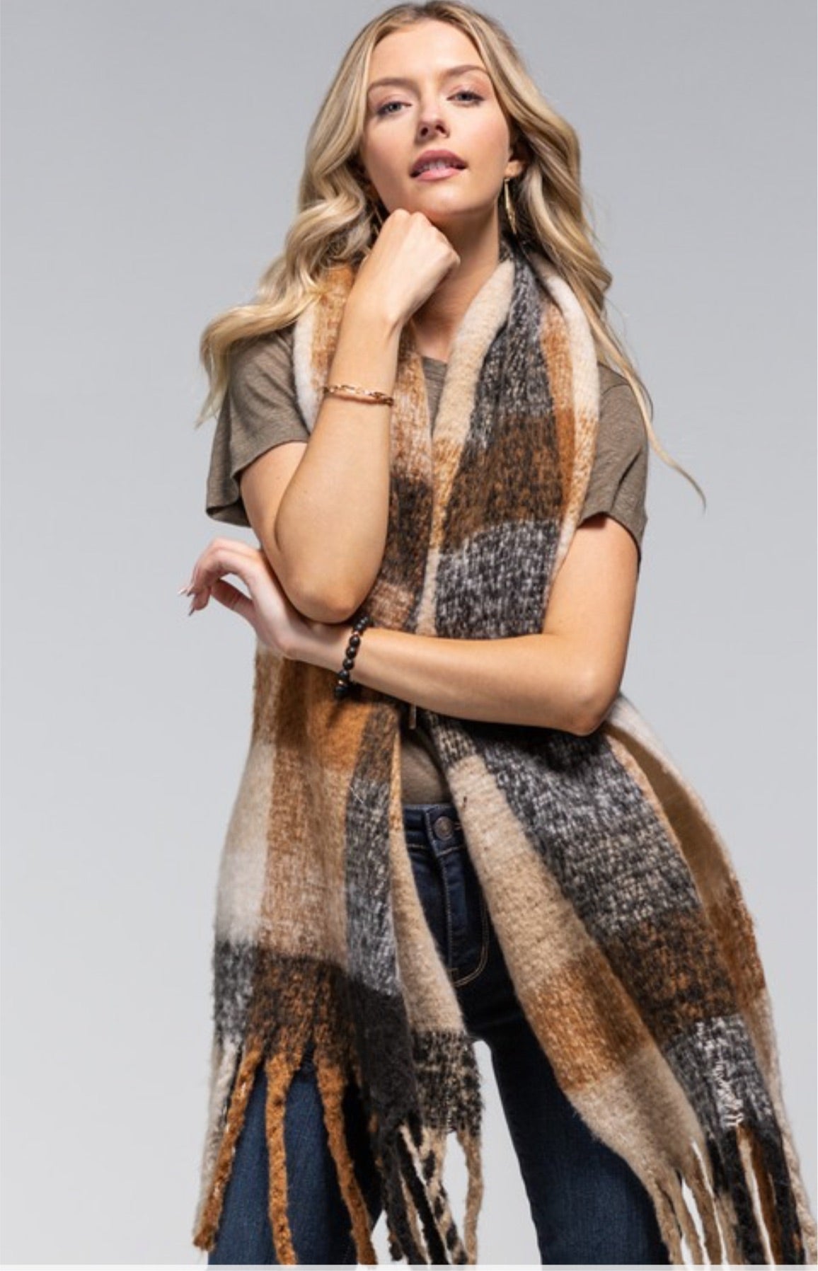 Taupe/Black Plaid Brushed Scarf