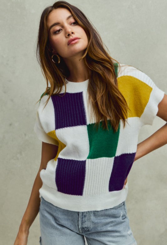 Life of The Party Checkered Sweater Top