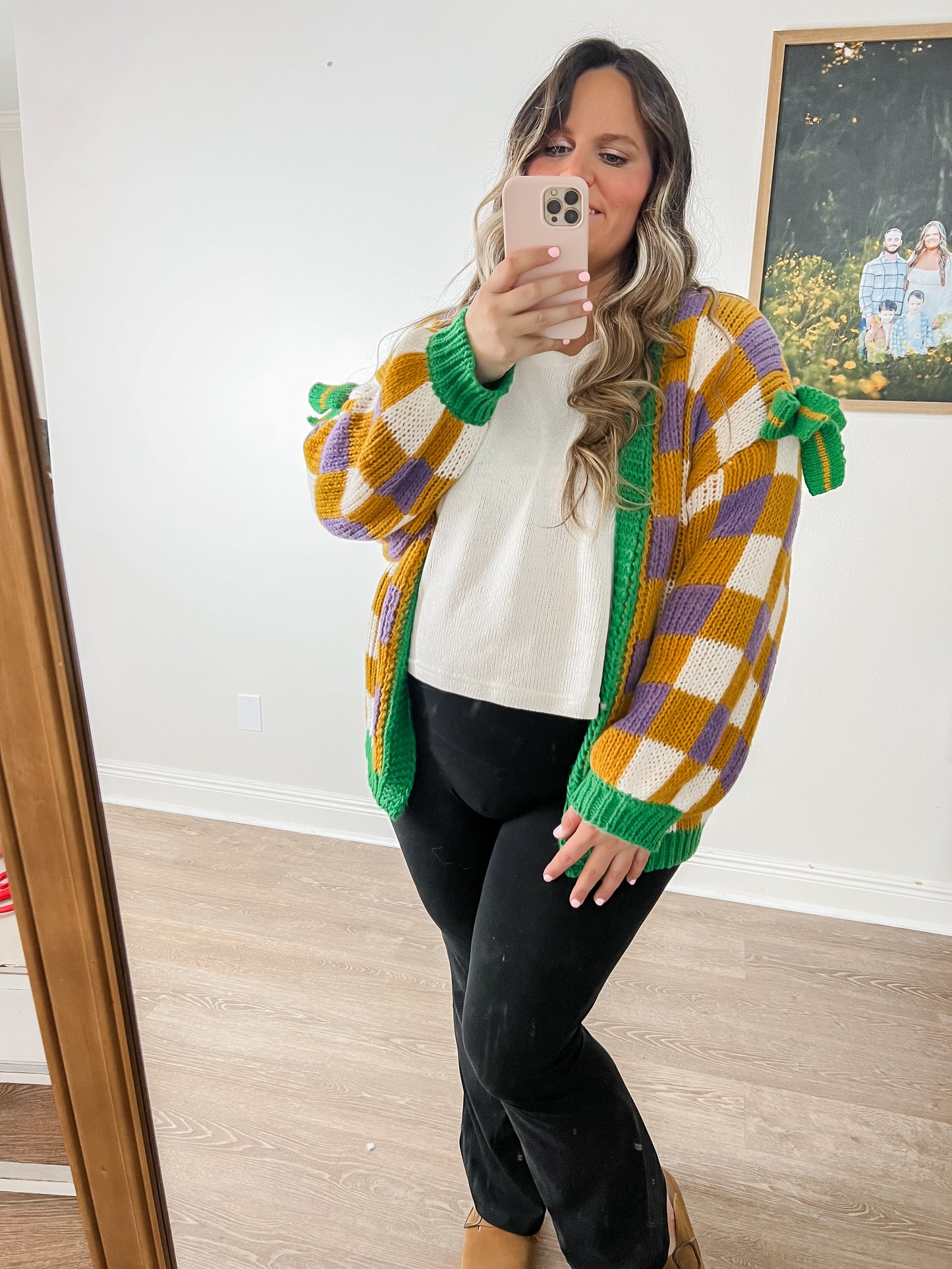Mambo Checkered Bow Cardigan - Yellow, Green & Purple