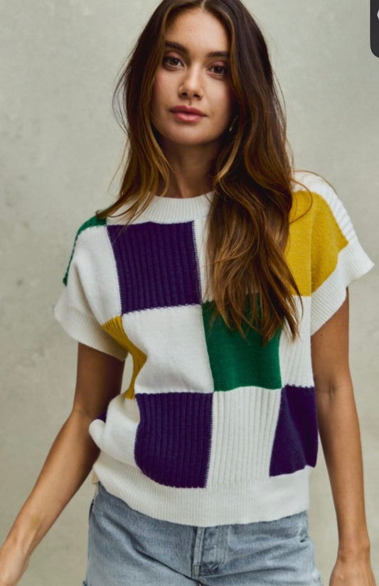 Life of The Party Checkered Sweater Top