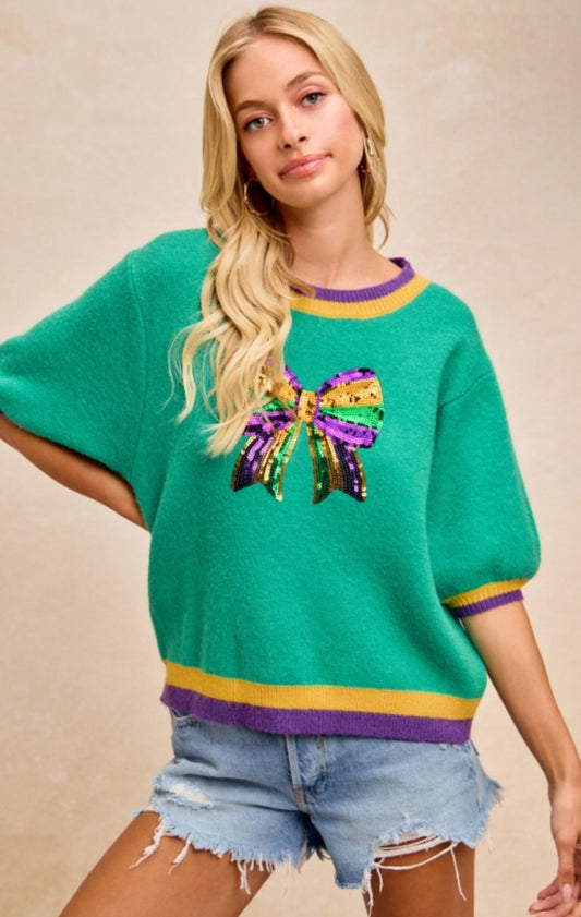 Mardi Gras Sequin Bow Sweater Top - Jade