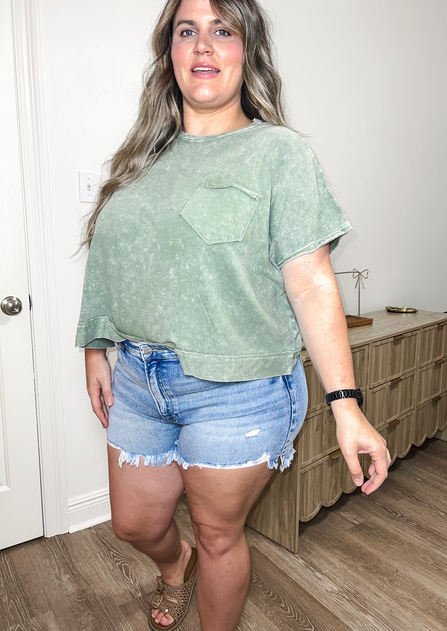 Lou Distressed High Rise Denim Shorts - Light Wash