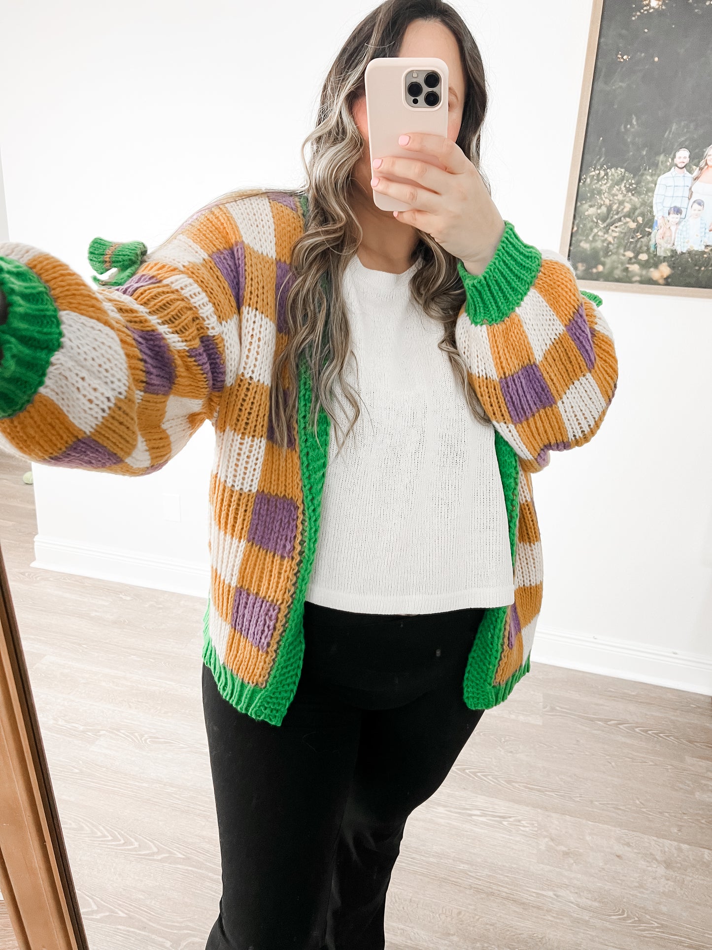 Mambo Checkered Bow Cardigan - Yellow, Green & Purple