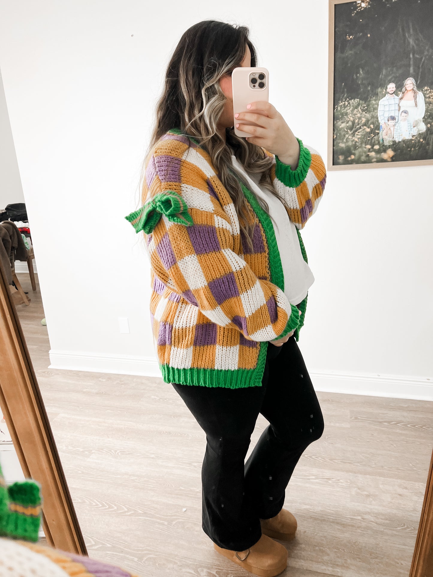Mambo Checkered Bow Cardigan - Yellow, Green & Purple