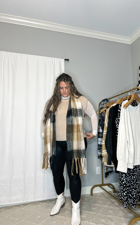 Taupe/Black Plaid Brushed Scarf