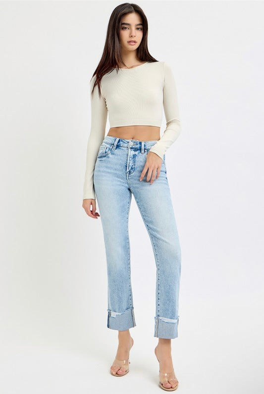 Tate Tummy Control High Rise Straight Cuffed Jeans Light