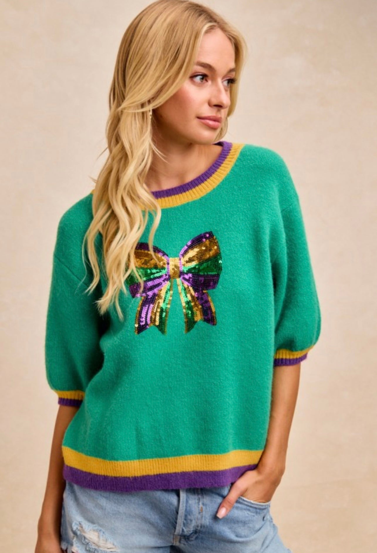 Mardi Gras Sequin Bow Sweater Top - Jade