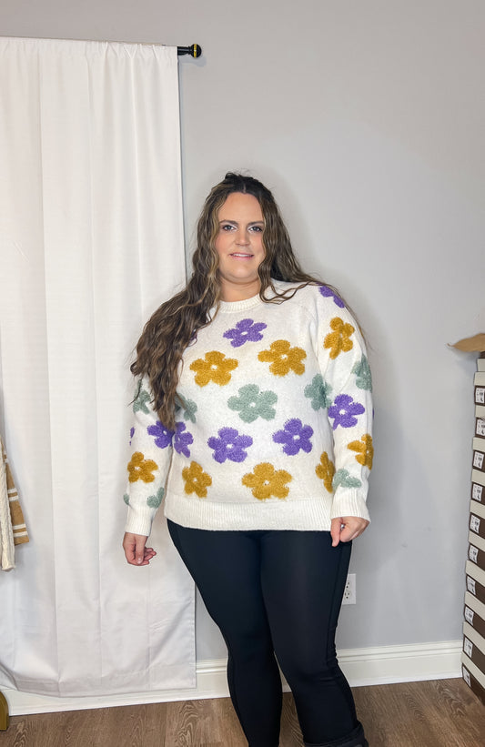 Mardi Gras Daisy Knit Pullover