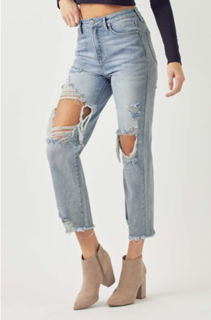 Distressed Straight Leg Denim - Light Wash