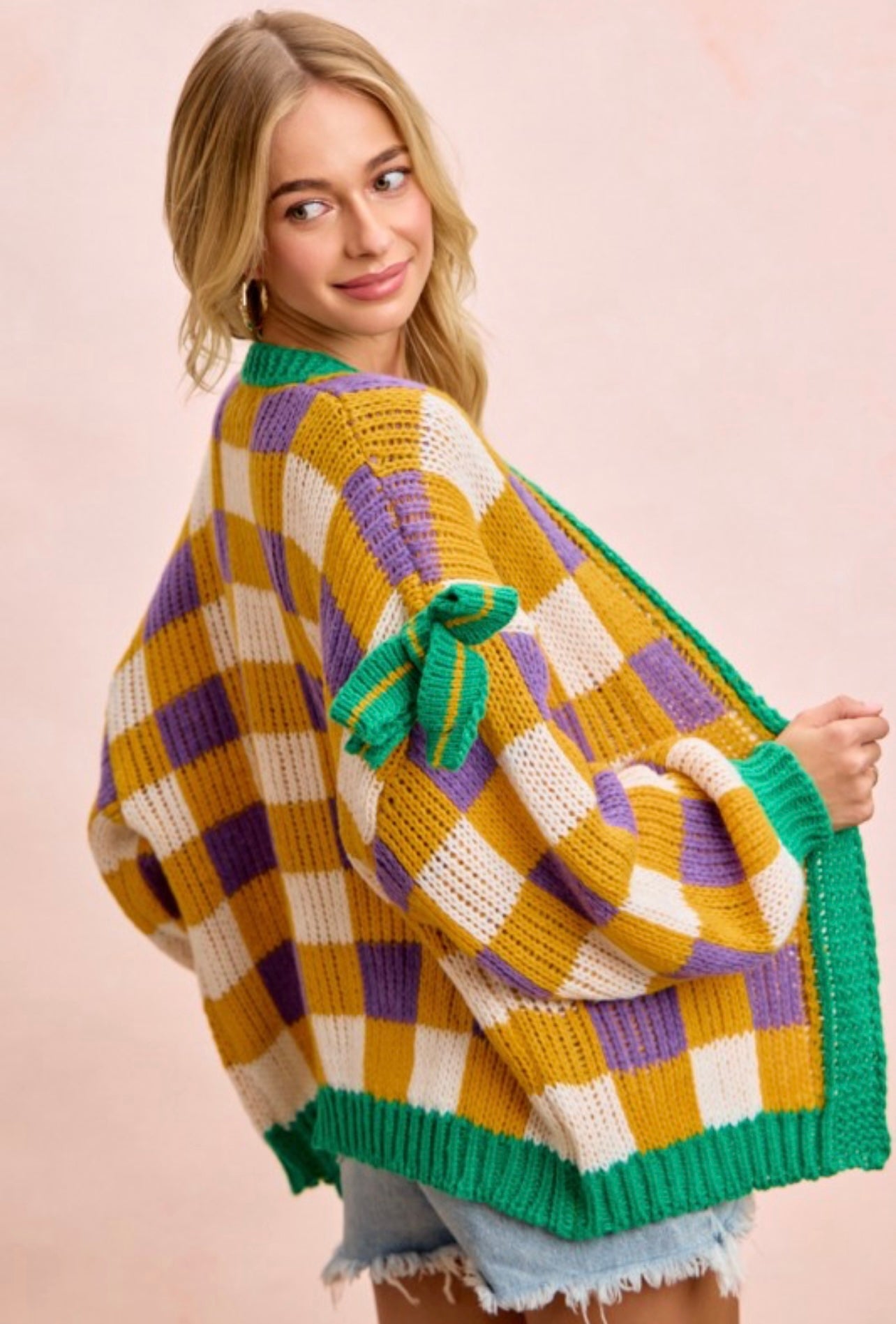 Mambo Checkered Bow Cardigan - Yellow, Green & Purple