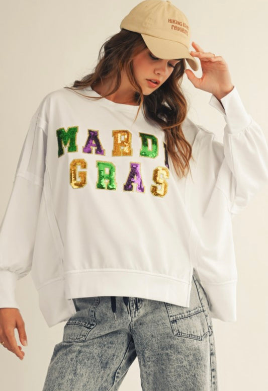 PREORDER * Mardi Gras Sequin Loose Fit Top - Ivory *