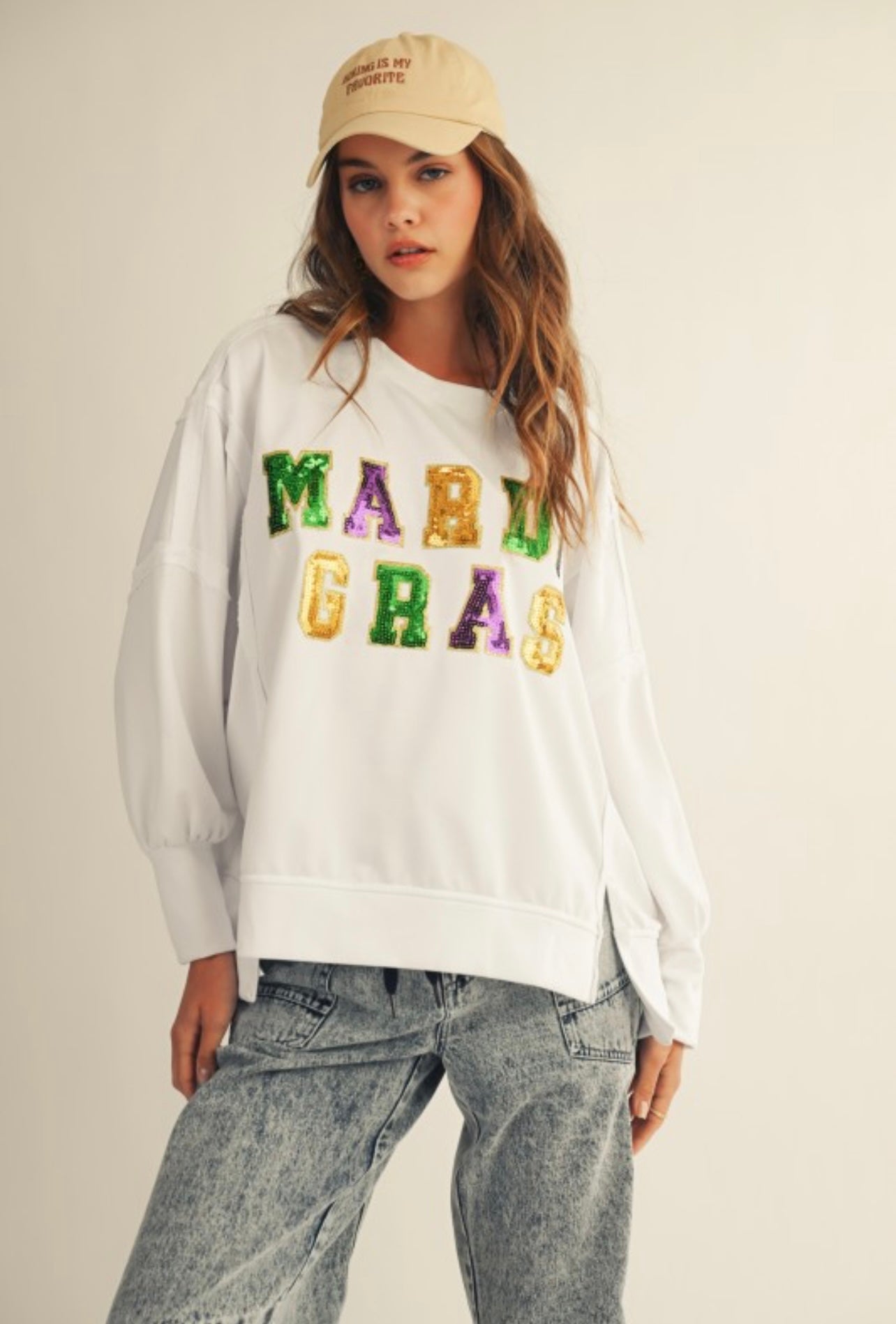 PREORDER * Mardi Gras Sequin Loose Fit Top - Ivory *