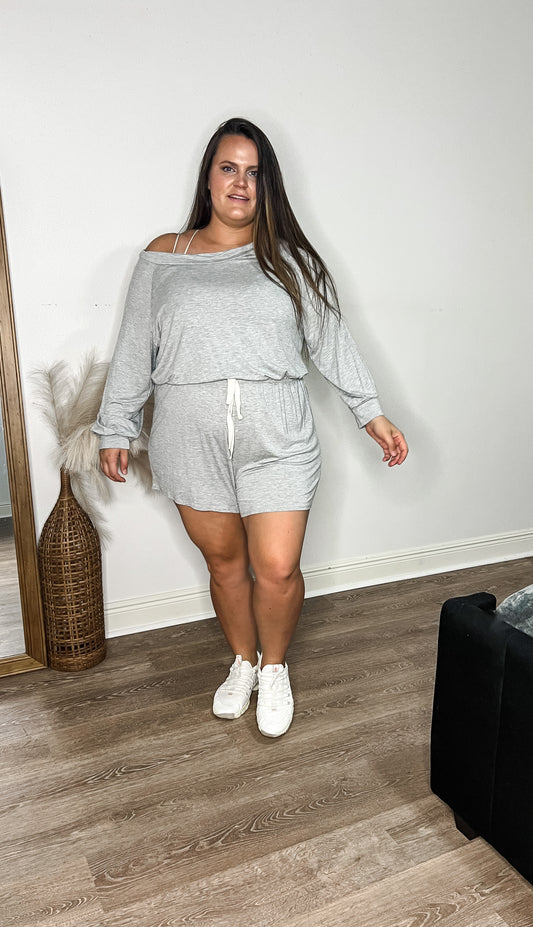 Off Shoulder Lounge Romper -Heathered Grey