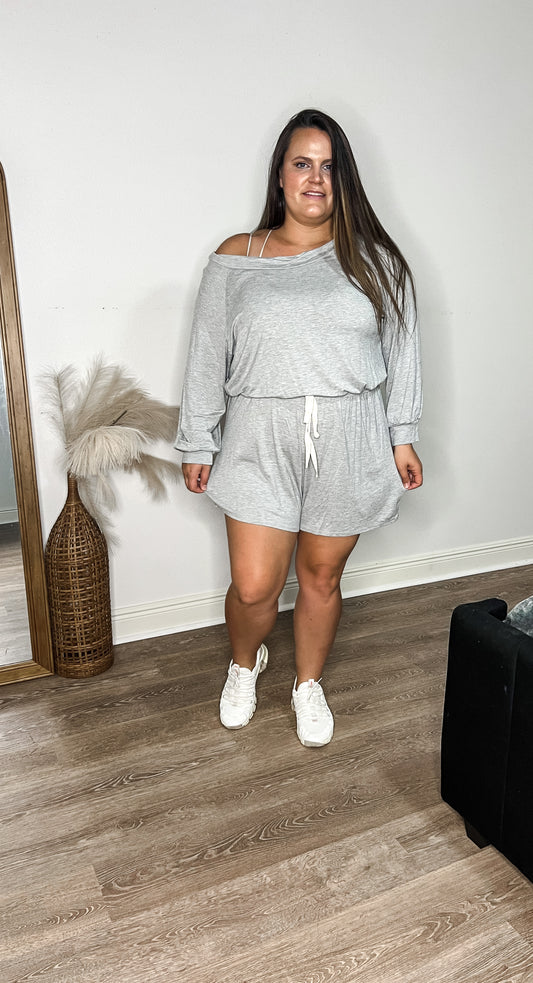 Off Shoulder Lounge Romper -Heathered Grey